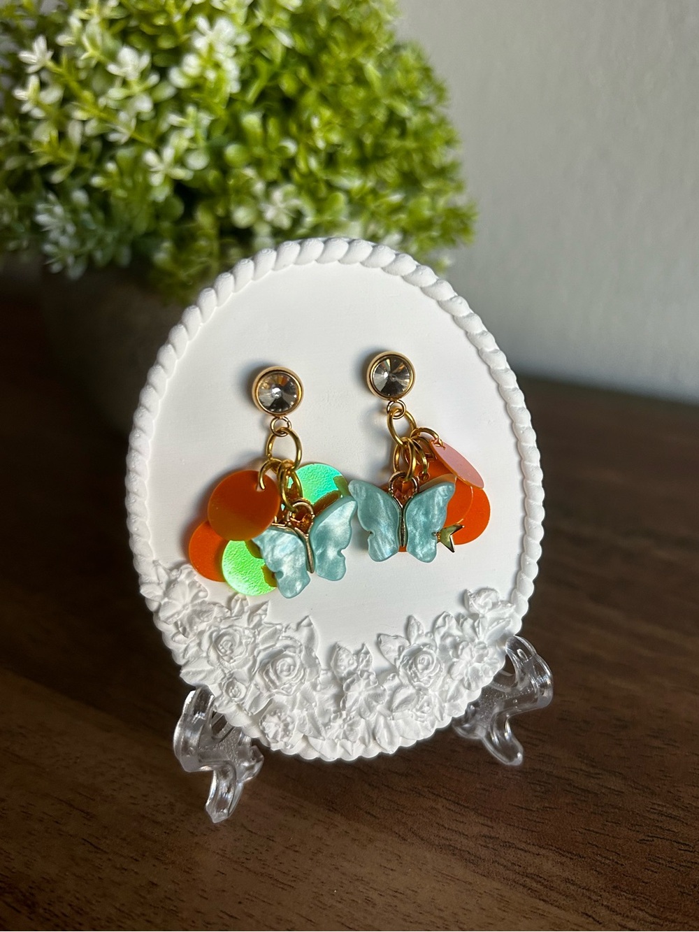 Handcrafted Orange & Blue Butterfly Drop Earrings - Life of a Showgirl Inspired